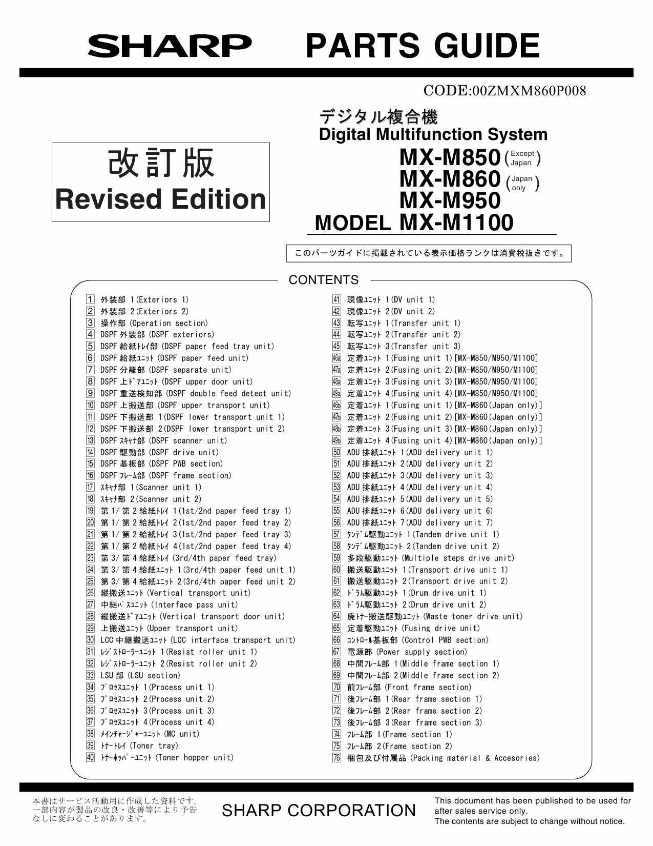 SHARP MX M850 M860 M950 M1100 Parts Manual-1